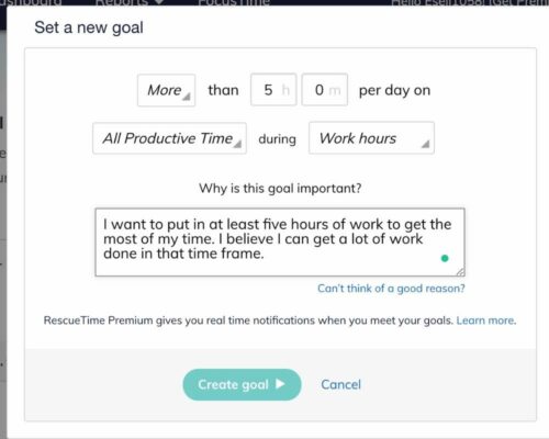 Rescuetime review: Rescuetime allows you to set goals to work on your productivity.