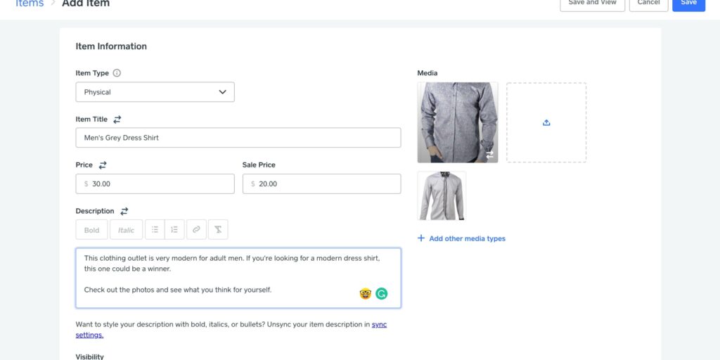 Square ecommerce review: Square allows you to customize your page when adding a product or service