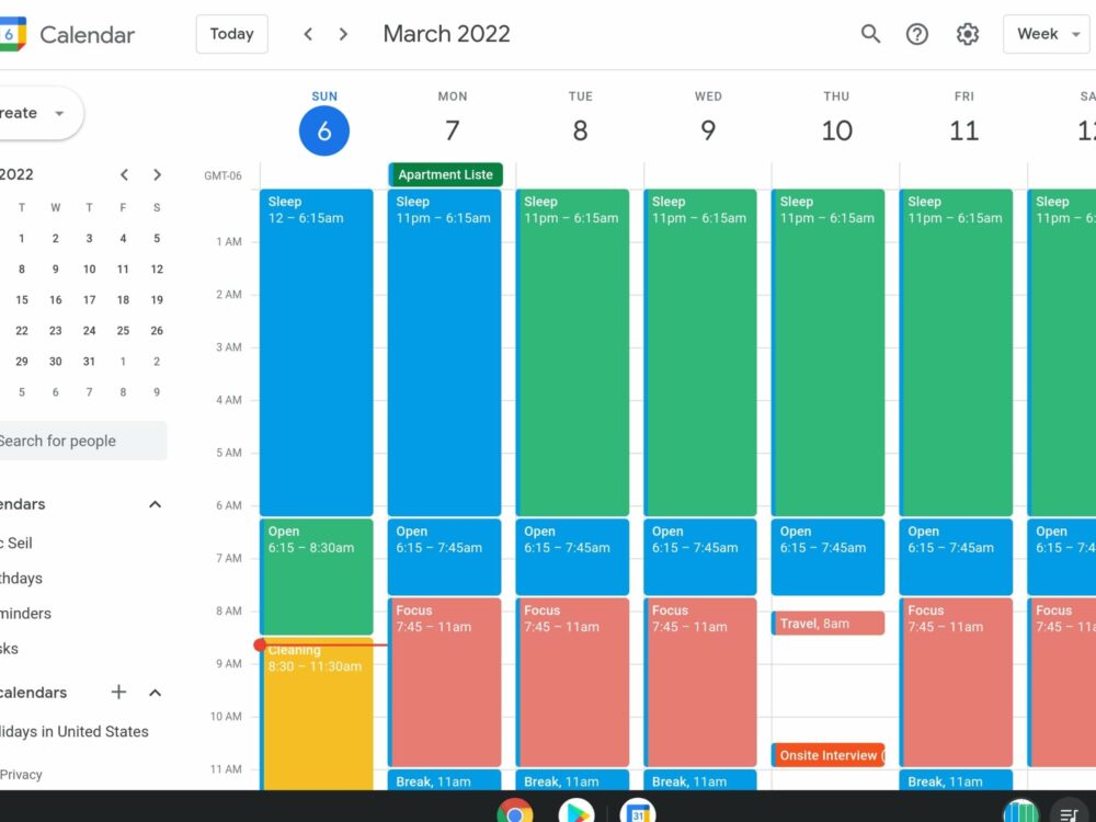 How do people organize time: Google calendar is one of the best tools for looking at a glance and planning.