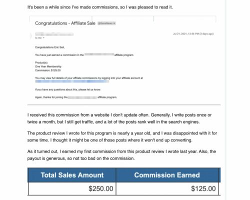 Is Wealthy Affiliate a good program? Here's a snapshot of a commission I earned back in mid-2021.
