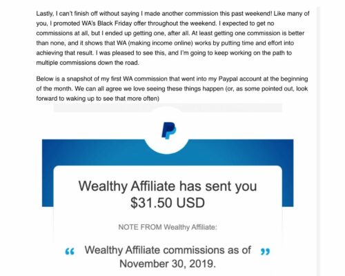 Is Wealthy Affiliate a good program? This screenshot happens to be my first commission at WA.