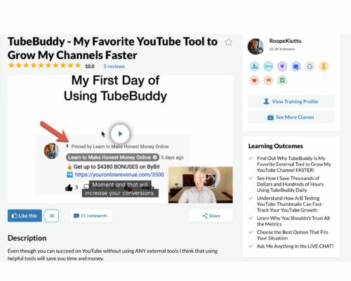 Is Wealthy Affiliate a good program? This image is a premium plus class that Roope (RoopeKiuttu) did on YouTube- specifically using TubeBuddy for research.