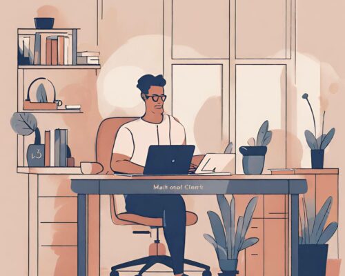 Is it ok to not want a 9-5 job anymore? A person sitting comfortably at their home office desk with a laptop, surrounded by a cozy and inviting atmosphere.